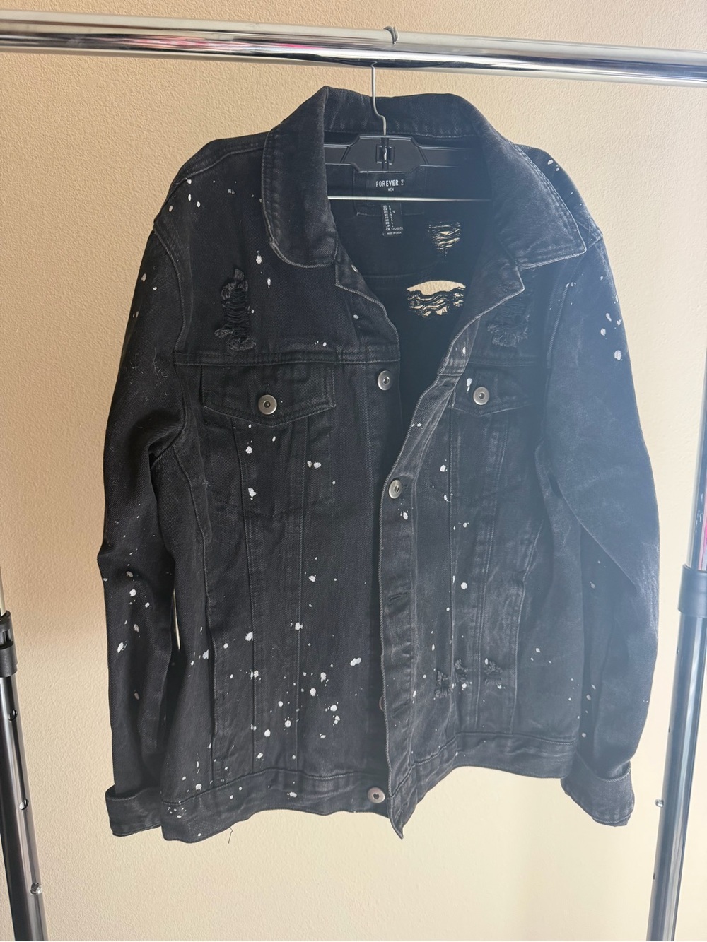 Forever 21 Black Paint-Splatter Distressed Denim Jacket